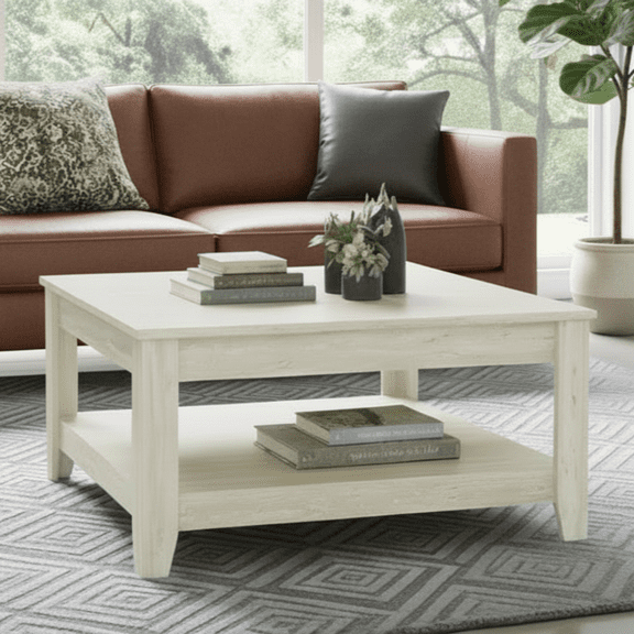 STYLIVIA Mesa Coffee Table with Storage Shelf , Square Wooden Table for Living Room, Travertine