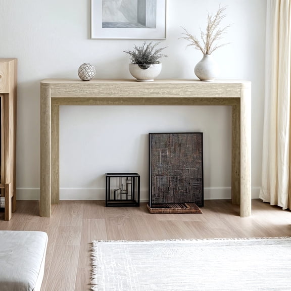 STYLIVIA Modern Rectangular Console Table with Wood Top, Travertine, 47.2" W x 11.8" D x 29.5" H