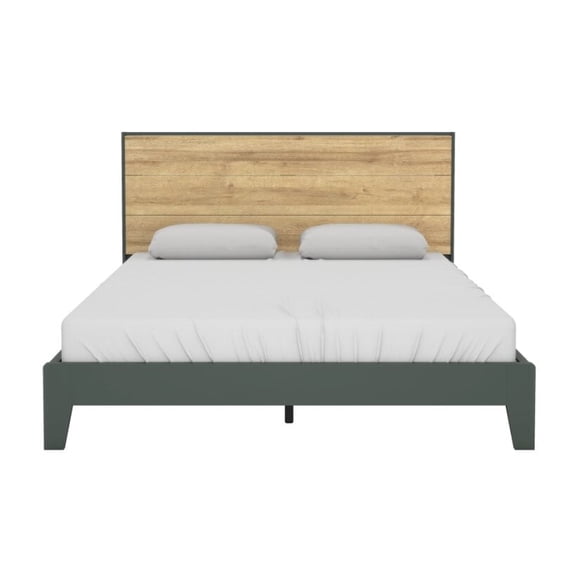 STYLIVIA Payne Levison Queen Platform Bed with Headboard - Engineered Wood Kale Green, Reviera Eichi Headboard, 64.5" L x 85.5" W x 40.3" H