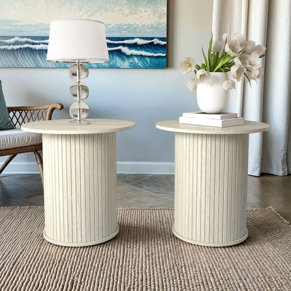 STYLIVIA Set of 2 Fluted Pedestal Round End Tables Travertine 21.7" W x 21.7" D x 21.9" H