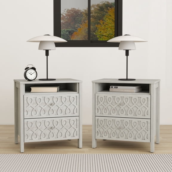 STYLIVIA Set of 2 Modern 2-Drawer Nightstands with Open Shelf Dusty Grey Oak 20.9" W x 15.7" D x 22.7" H