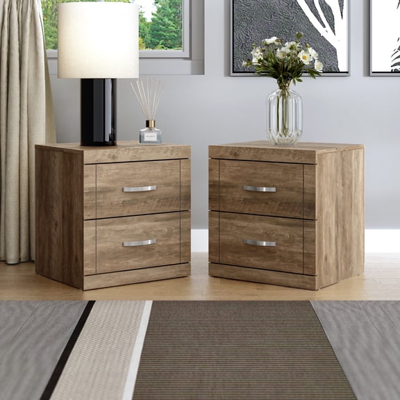 STYLIVIA Set of 2 Nightstands 2-Drawer Bedroom Storage Knotty Oak 18.9" W × 16.3" D × 20.3" H