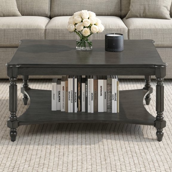 STYLIVIA Coffee Table, Square Design with Lower Shelf, Solid Wood, 33.1" W x 33.1" D x 16.5" H