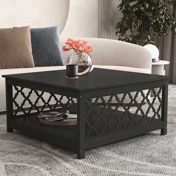 STYLIVIA Square Coffee Table with Lower Storage Shelf Wood Black Oak 34.9" W x 34.8" D x 17.1" H