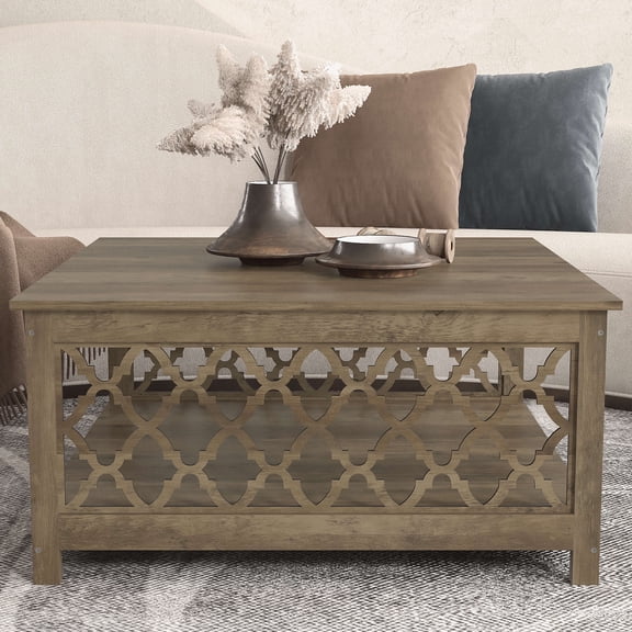 STYLIVIA Square Coffee Table with Lower Storage Shelf Wood Knotty Oak 34.9" W x 34.8" D x 17.1" H