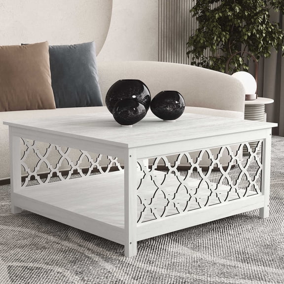 STYLIVIA Square Coffee Table with Lower Storage Shelf Wood Pearl White Oak 34.9" W x 34.8" D x 17.1" H
