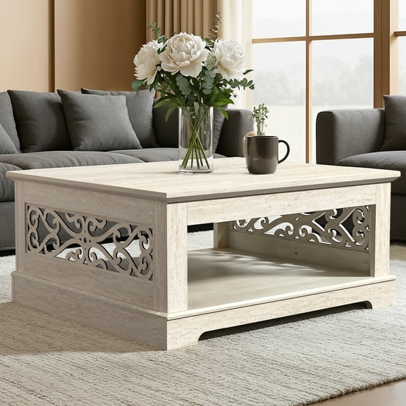 STYLIVIA Square Coffee Table with Storage Shelf Travertine 34.8" W x 34.8" D x 16.1" H