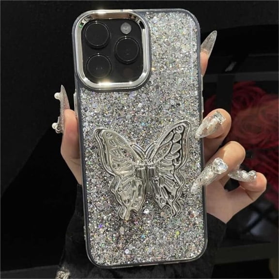 STYU Butterfly Bracket Bling Sequin Glitter Phone Case for iPhone 14 13 12 15 Pro Max 11 Plating Cover,Silver,for iPhone 14