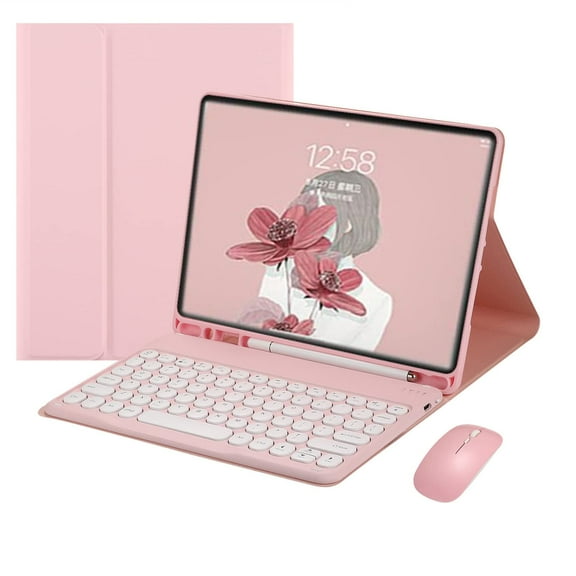 STYU IPad Mini Keyboard Case Compatible with iPad Mini 5/4/3/2/1, Folio Smart Leather Cover Case with Cute Round Key Bluetooth Keyboard Mouse Compatible with iPad Mini 5/Mini 4, Pink