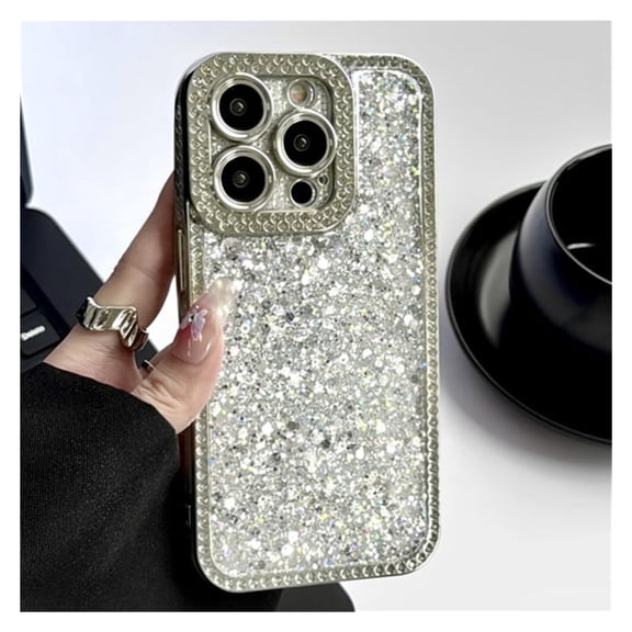 STYU Plating Bling Sequin Glitter Shiny Diamond Phone Case for iPhone 14 13 12 15 Pro Max 11 Aesthetic Shockproof Back Cover,Silver,for iPhone 15pro