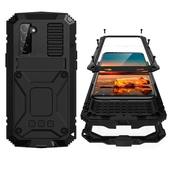 STYU Samsung S22 Ultra Metal Case with Screen Protector Camera Protector Military Rugged Heavy Duty Shockproof Case with Stand Full Cover Tough case for Samsung S22 Ultra (S22 Ultra, Black)