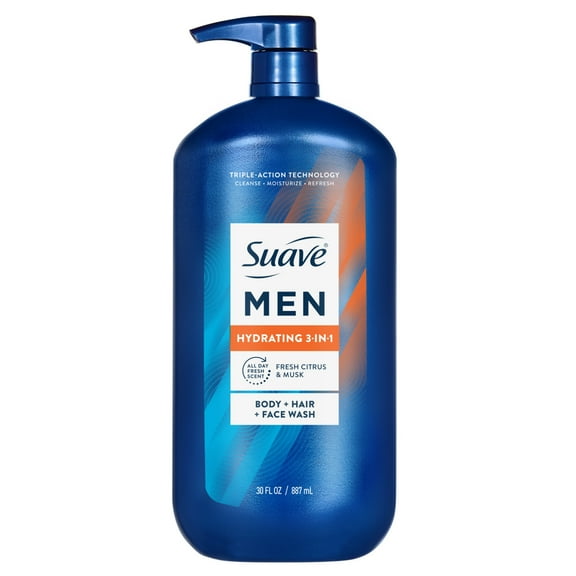 Suave Men Hydrating 3-in-1 Body + Hair + Face Wash with Glycerin & Vitamin E, 30 FL OZ