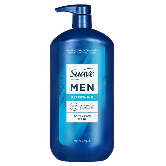 Suave Men Refreshing 2-in-1 Body & Face Wash with Glycerin & Vitamin E, 30 FL OZ