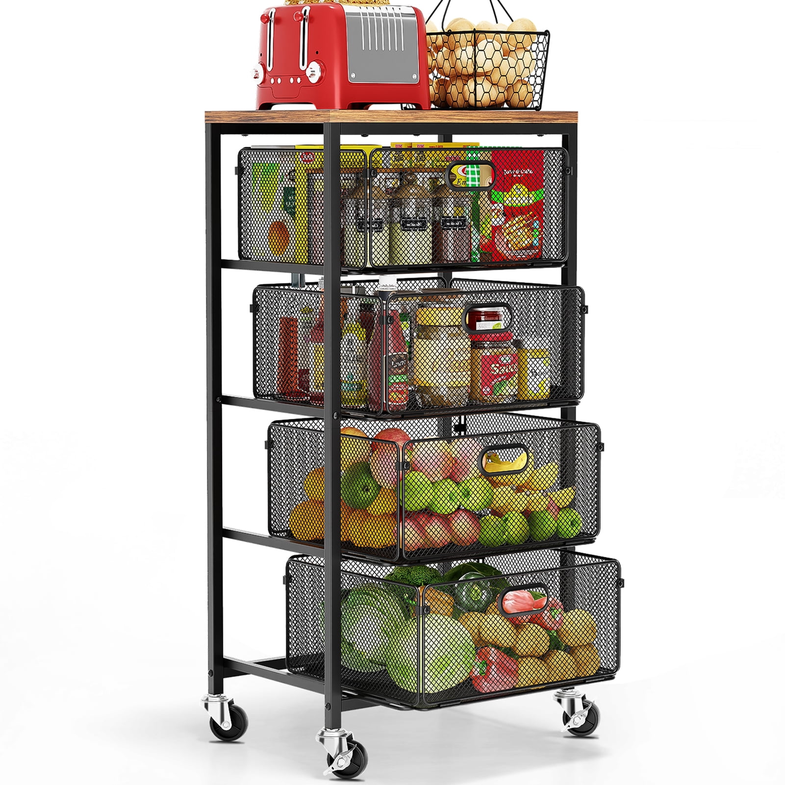 SUANLLY Rolling Cart with Drawers, 4-Drawer Metal Utility Cart with Wooden Tabletop, Storage Organizer Art Cart on Wheels for Kitchen, Home, Office, School, Black