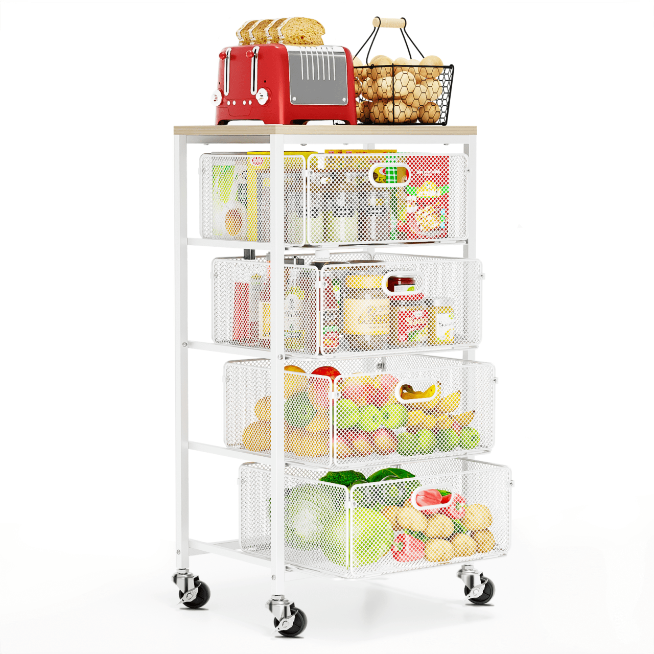 SUANLLY Rolling Cart with Drawers, 4-Drawer Metal Utility Cart with Wooden Tabletop, Storage Organizer Art Cart on Wheels for Kitchen, Home, Office, School, White