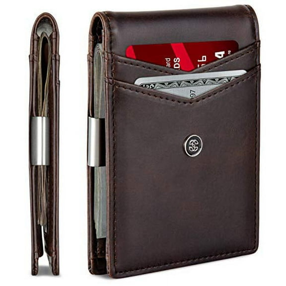 SUAVELL Leather Slim Wallets for Men. Wallet Card Holder with Money Clip. Low Profile RFID Wallet Minimalist Wallet (Whiskey Brown Odyssey)
