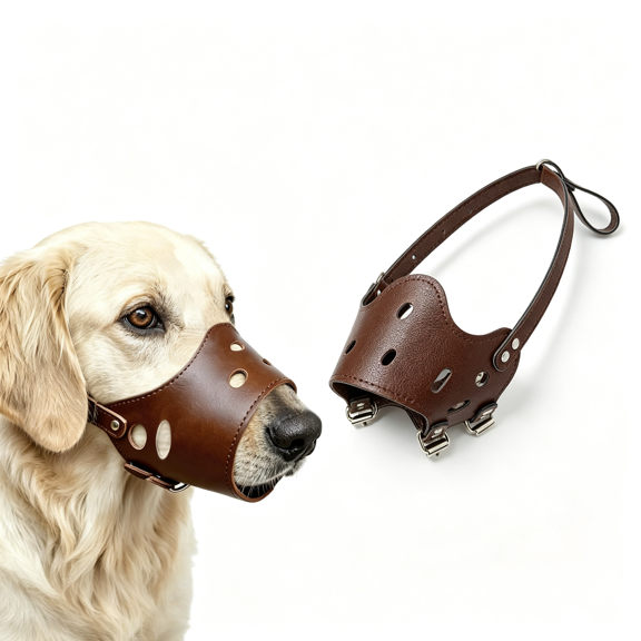 SUBAI Soft Pu Leather Dog Muzzles for Small Medium Large Dogs,Ajustable Breathable Dog Mouth Guard Cover to Prevent Biting Barking Chewing, Dog Muzzle for Barking (Brown, 2#S)