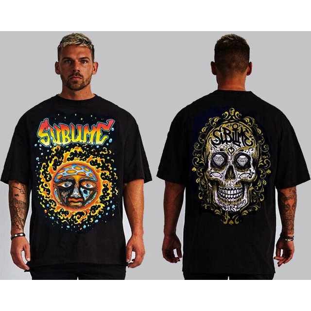 SUBLIME 40oz LONG BEACH CA SPLASHED FRONT AND BACK PRINT BLACK T SHIRTS