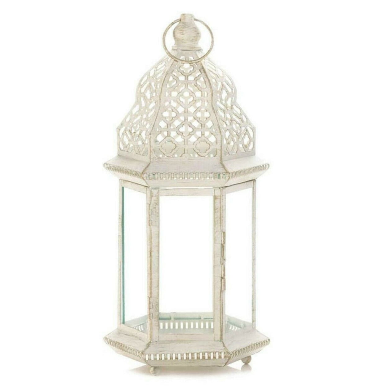 Vintage White Iron and Glass Hanging Candle Lantern