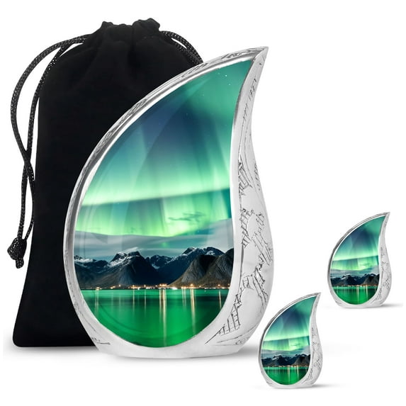 SUBSH The Aurora Luminous Cascade Above The Arctic Village - Funeral Urns - Urns For Dad - Urns Cremation - Combo 1 Large & 2 Small - Urns For Adult Female - Cremation Keepsakes For Ashes