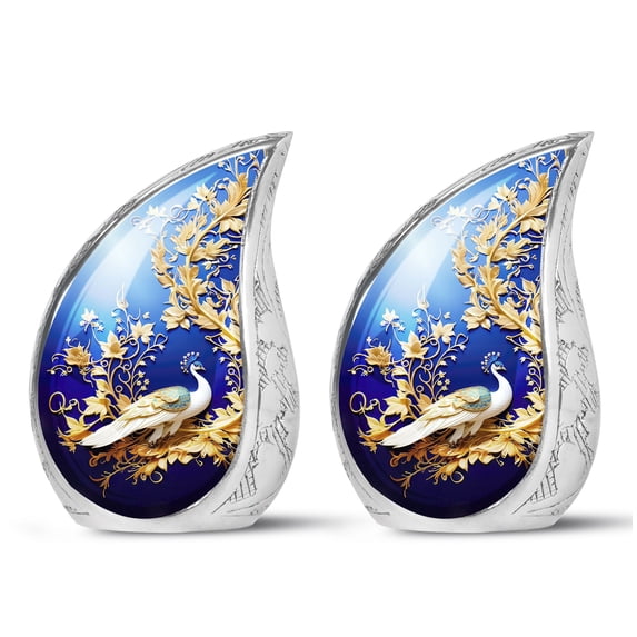 SUBSH Blue Gold Peacock With Gold Leaves Flowers - Burial Urns - Urns For Ashes Small - Urn For Ashes For Women Small - Pack Of 2 - Small Urns For Ashes - Cremation Keepsakes