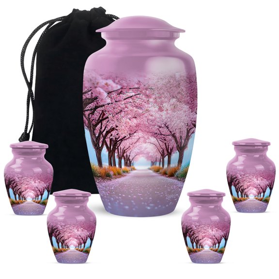 SUBSH Cherry Blossom Serenade Mini Urn - Memorial Urns For Human Ashes Keepsake For Memorial Ashes Sharing, This Urns For Ashes Set Has One 10 Inch Pink Cherry Blossom Urn And Four 3 Inch Keepsakes