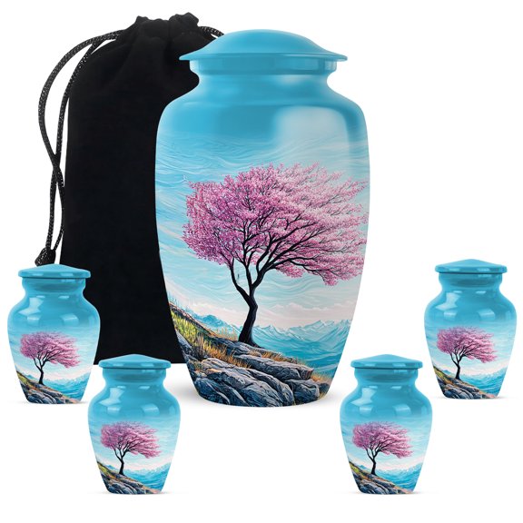 SUBSH Cherry Blossom Urn For Ashes - Urns For Human Ashes Small Keepsake Set of 5 For Shared Ashes This Urn Set Pairs One 10 Inch Blue Cherry Blossom Urn With Four 3 Inch Keepsakes For Family Storage