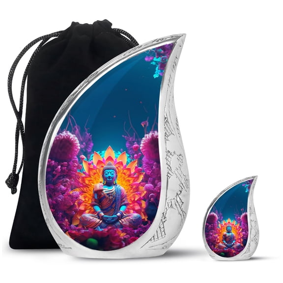 SUBSH Colorful Statue Buddha Sits Lotus Flower Bed - Cremation Urns For Burial - Cremation Urns For Ashes For Women - Urn For Human Ashes Adult Men - Combo 1 Large & 1 Small - Adult Large Urn