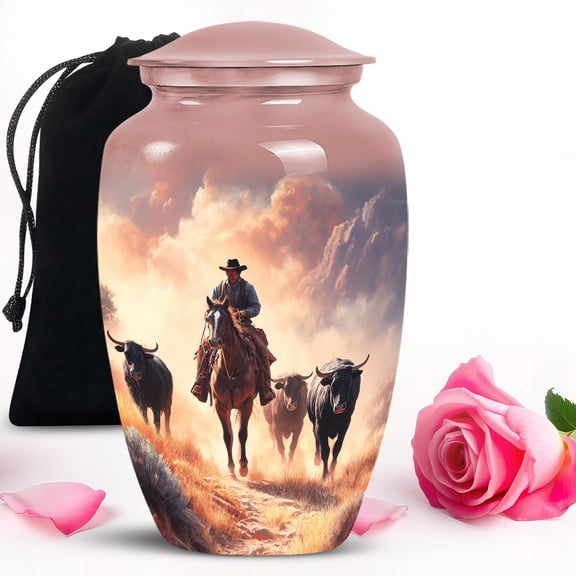 SUBSH Cowboy Urn - Urns for Men Women - Hand Engraved - Burial Urn - Memorial Urns - Handcrafted Decorative Gifts for Burial (10 inch)