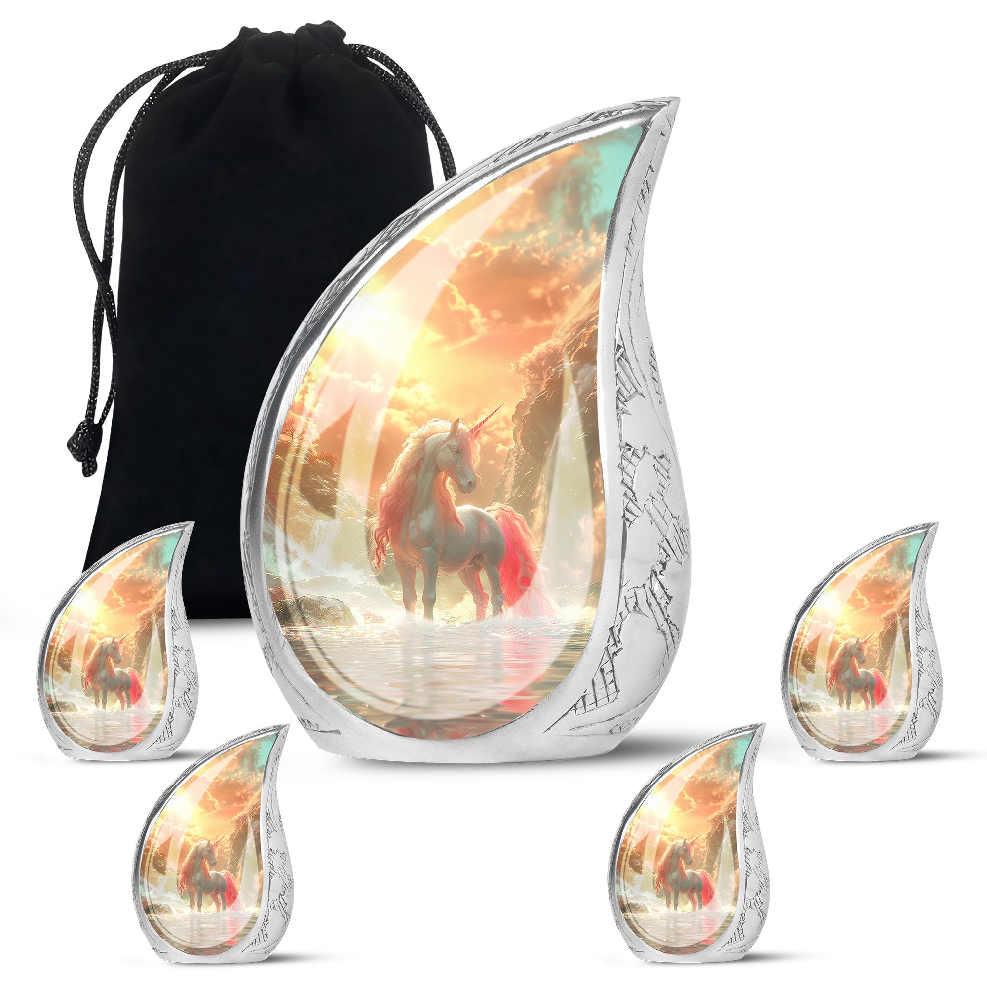 SUBSH Mystical Dawn Unicorn - Urns For Ashes Adult - Urns For Mom - Funeral Urns - Combo 1 Large & 4 Small - Cremation Urn Human Ashes - Cremation Urns For Men - Cremation Urn Human