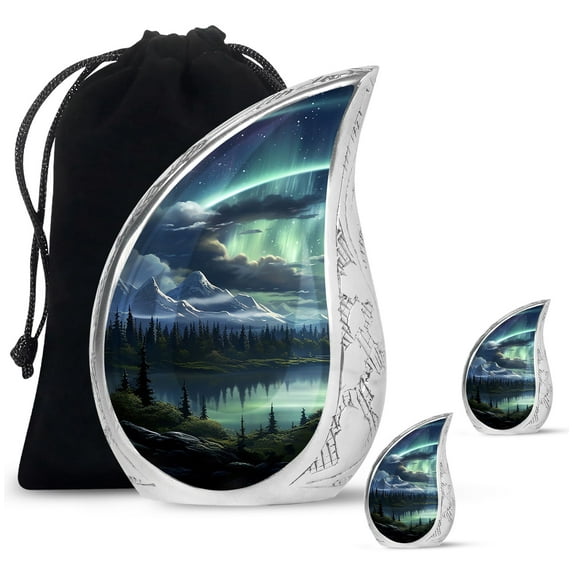SUBSH Northern Lights Over Serene Mountain Lake - Cremation Urns For Human Ashes - Urn For Human Ashes Adult Female - Urns For Human Ashes Large - Combo 1 Large & 2 Small