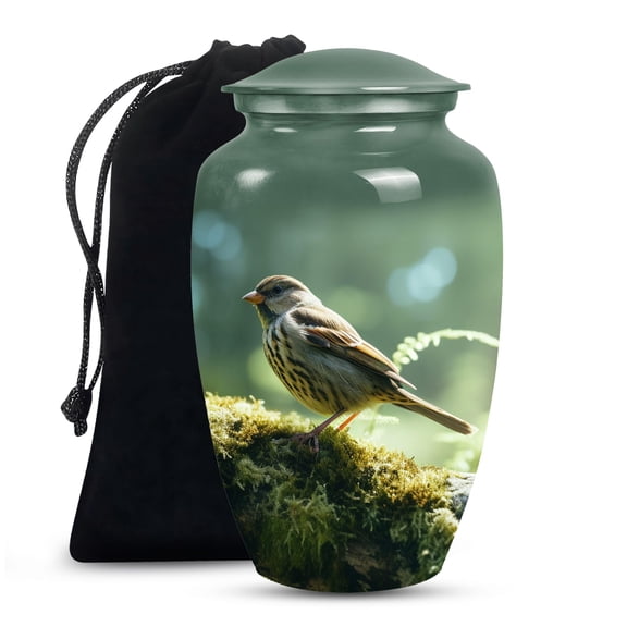 SUBSH Sparrow Bird Cremation Urn, Large 10 Inch Ceramic Urn, Green and Azure, Human Ashes Urn