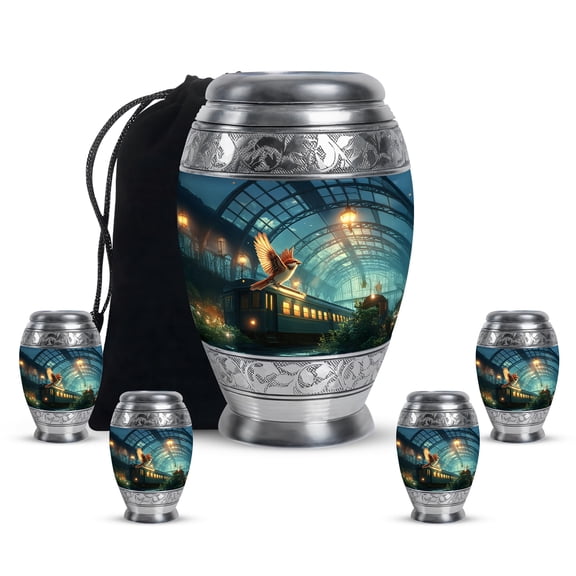 SUBSH Sparrow Funeral Urn For Men Ashes - Blue Cremation Mini Urns For Adult Female Ash - Train Burial Large Urns For Women Ashes - Adult Urn For Male Ash - Combo-5 - 10 Inch Large & 3 Inch