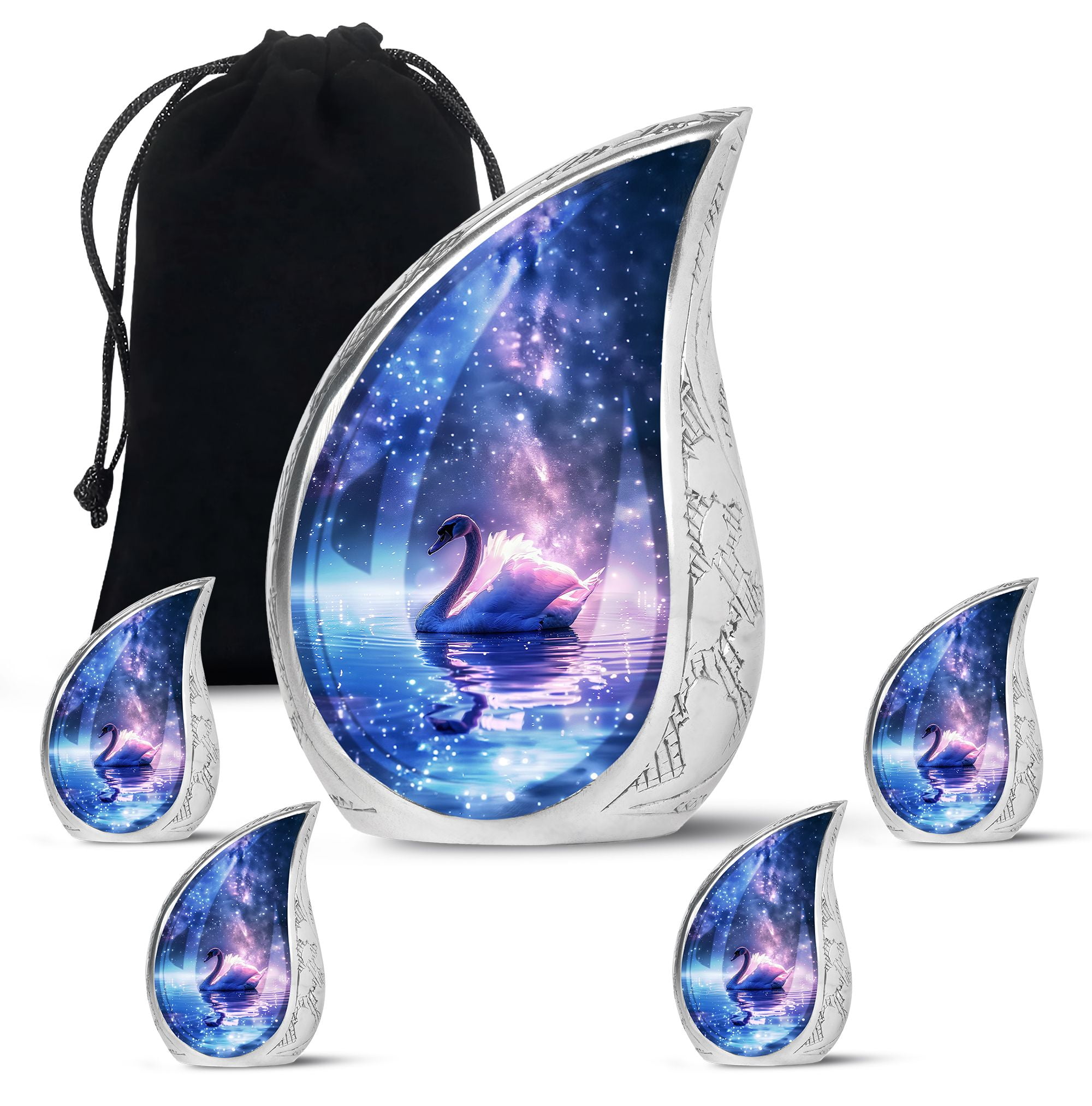 SUBSH Starlight Swan Reverie - Cremation Urns For Men - Urns For Men Ashes Adult Male - Burial Urns For Adult Human Ashes - Combo 1 Large & 4 Small - Urns For Ashes Large - Ashes Keepsake