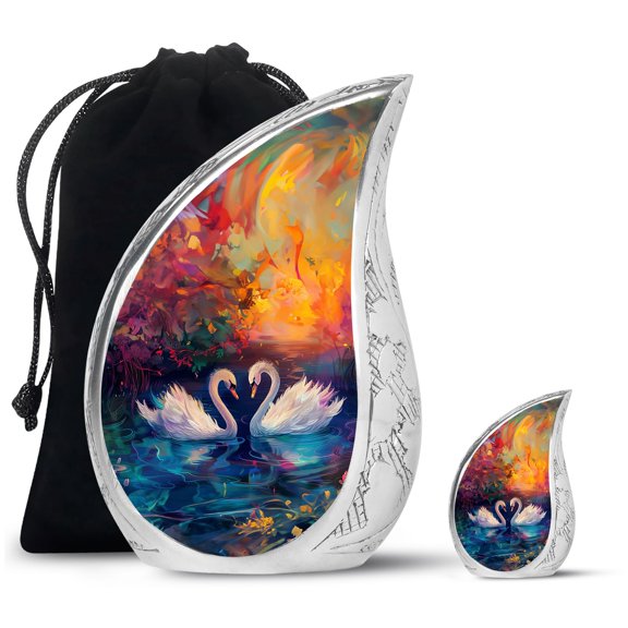 SUBSH Sunset Swans Harmony - Urns For Mom Ashes - Funeral Cremation Urns For Ashes - Urns For Mom Ashes - Combo 1 Large & 1 Small - Decorative Urns For Human Ashes