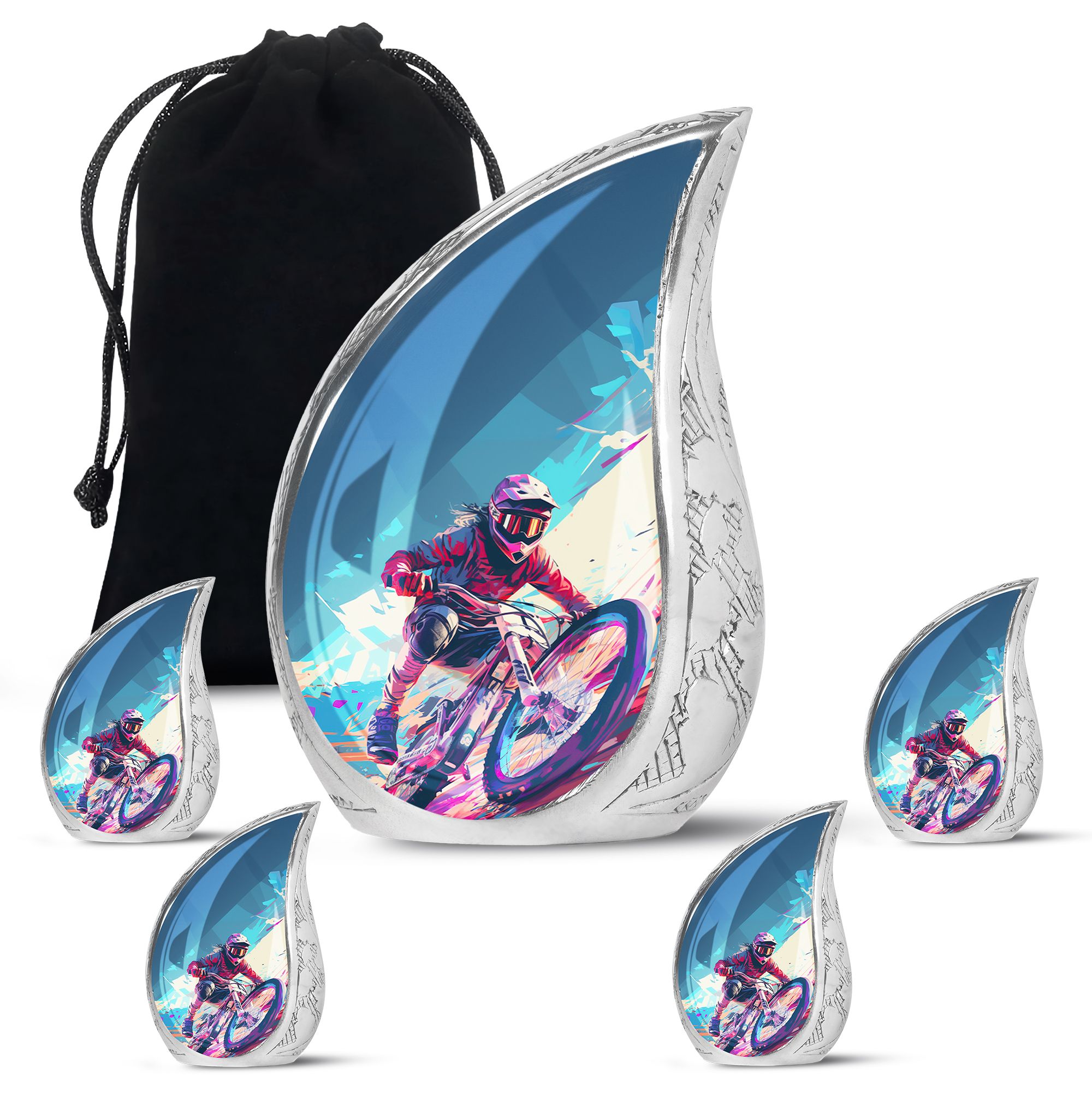 SUBSH Urban Bike Rush - Cremation Keepsakes For Ashes - Urns Men - Funeral Urns For Adult Ashes Men - Combo 1 Large & 4 Small - Urns For Human Ashes Adult Female - Urn For Ashes Adult