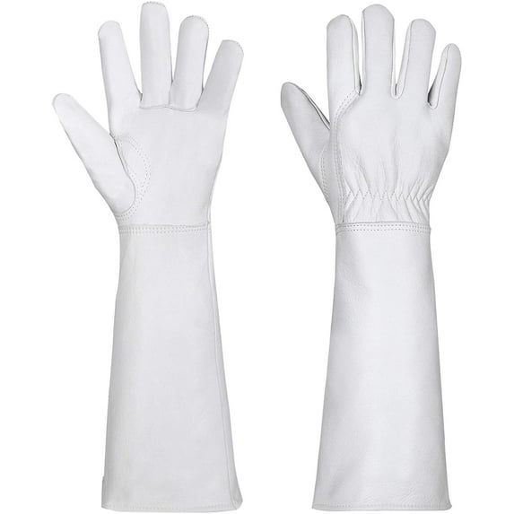 SUCCLACE Long-Gardening-Gloves for Women/Men - Thorn Proof Cowhide Leather Rose/Blackberry Pruning Heavy Duty Gloves Thick Palm Gauntlet Garden Work Gloves with Forearm Protection (White-Medium)