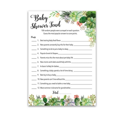 SUCCULENTS Baby Shower FEUD Game â Pack of 25 â Fun Shower Family Feud Games, Floral, Green, Succulent Trivia Baby Shower Activity, Greenery, Rustic Gender Neutral Baby Shower Fued Games G300-BSF