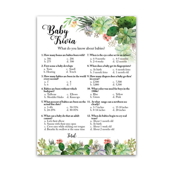 SUCCULENTS Baby Shower Game - BABY TRIVIA Games - Pack of 25 - Fun Baby Facts Games, Floral, Green, Succulent Trivia Baby Shower Activity, Greenery, Rustic Gender Neutral Baby Shower Games,