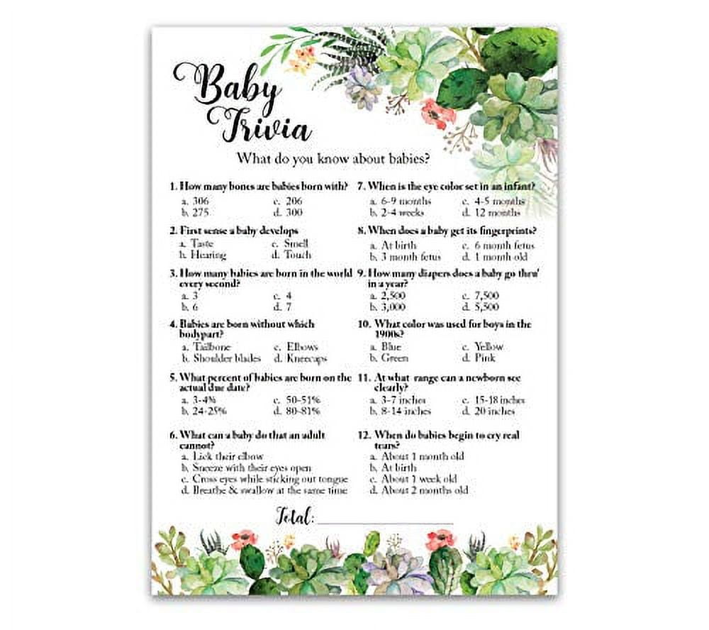 SUCCULENTS Baby Shower Game BABY TRIVIA Games Pack of 25 Fun Baby