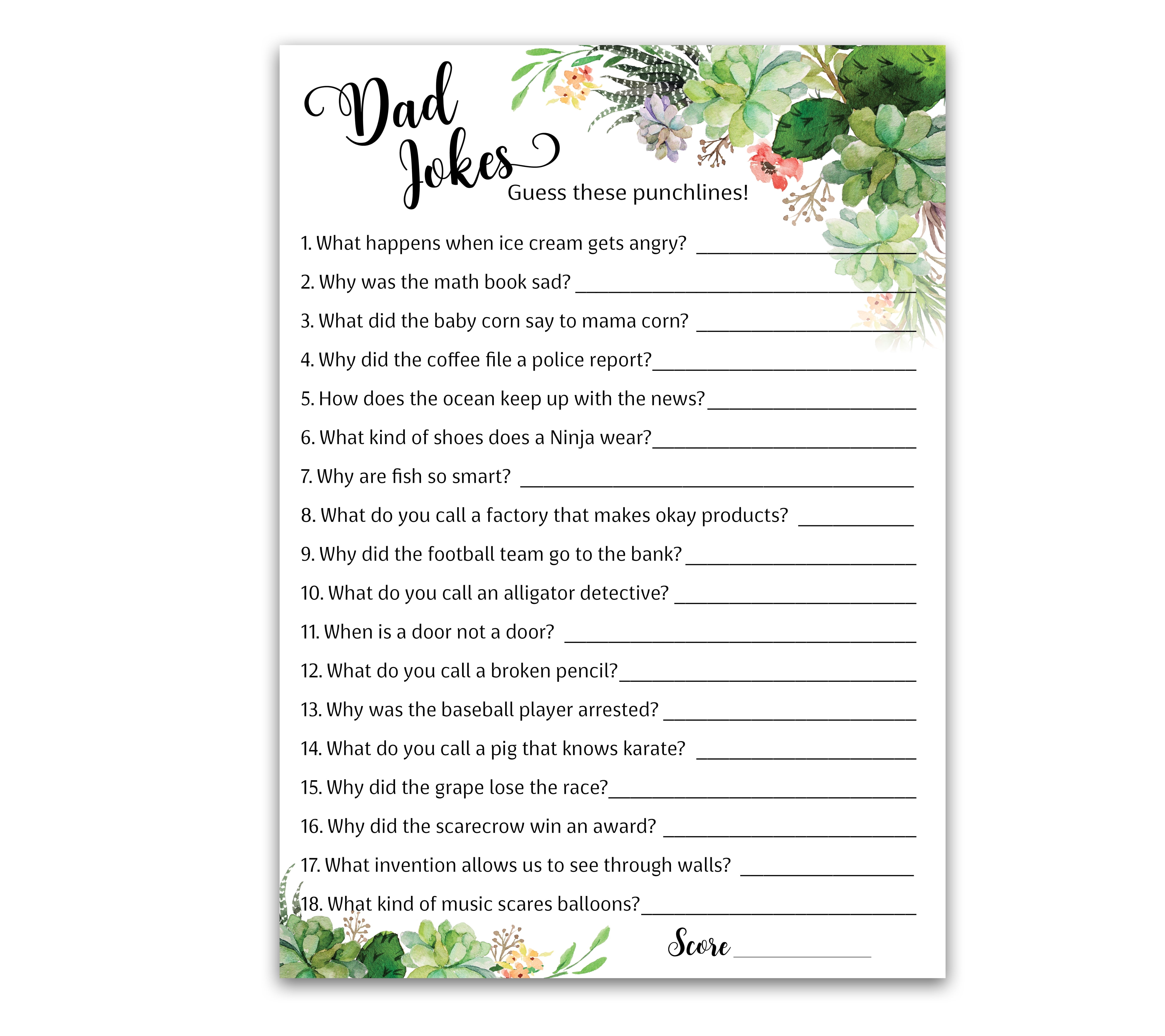 SUCCULENTS DAD JOKES Baby Shower Games, Daddy Jokes Shower Games — Pack ...
