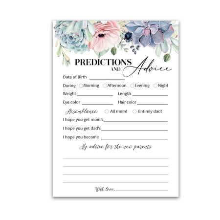 SUCCULENTS Prediction and Advice Cards - Pack of 25 - GENDER NEUTRAL Baby Shower Games, New Parents Mom & Dad to be Mommy & Daddy Message, GREENERY Couples Coed Shower Activity G301-PDAV