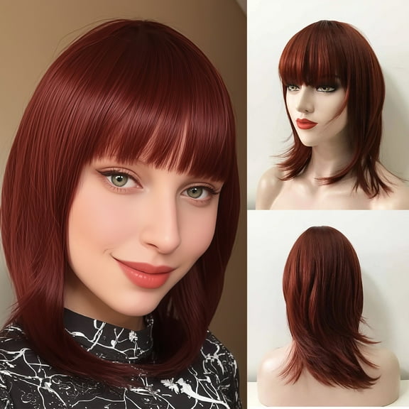 SUCS Auburn Dark Red Wig,16 Inches Medium Length Straight Layered Wigs with Fringe Bangs, Synthetic Heat Resistant Wigs for Women, Daily, Party