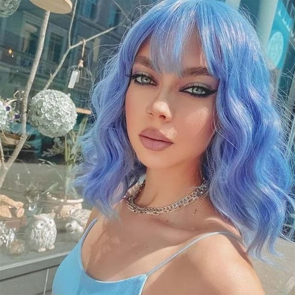 SUCS Black Wavy Wig with Bangs Soft Short Bob Wigs for Women Synthetic Shoulder Length Women's Curly Wigs