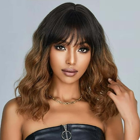 SUCS Black Wavy Wig with Bangs Soft Short Bob Wigs for Women Synthetic Shoulder Length Women's Curly Wigs