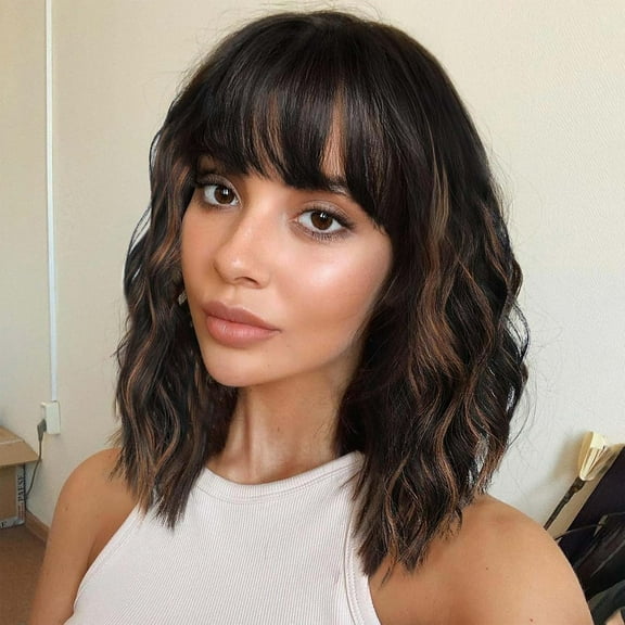 SUCS Black Wavy Wig with Bangs Soft Short Bob Wigs for Women Synthetic Shoulder Length Women's Curly Wigs