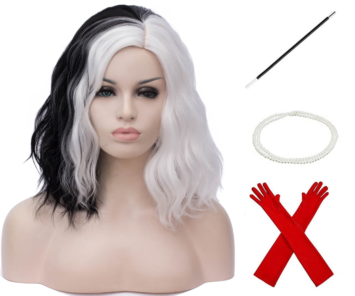 SUCS Black and White Wig for Women Girls Wig for Cruell/a Half White and Half Black Wig Short Curly Wavy Bob Wig Synthetic Hair Wigs Two Tone Wig Split Wig