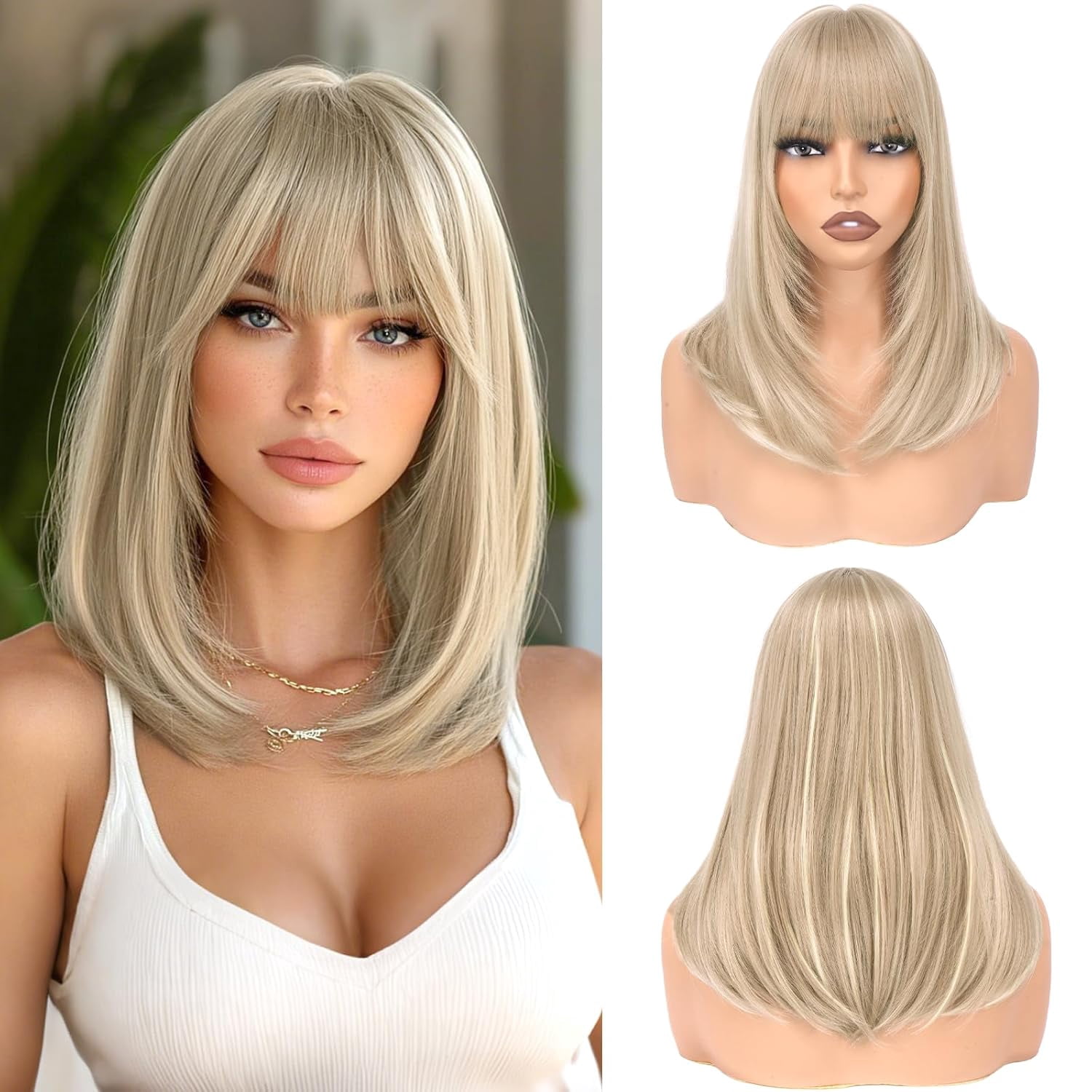 SUCS Blonde Bob Wigs with Bangs Shoulder Length Straight Natural Looking Synthetic Heat Resistant Medium Hair Wigs for Women Daily Party, 16 Inch Dirty Blonde