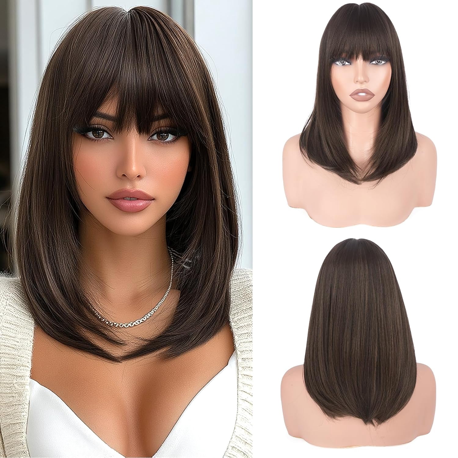 SUCS Blonde Bob Wigs with Bangs Shoulder Length Straight Natural Looking Synthetic Heat Resistant Medium Hair Wigs for Women Daily Party, 16 Inch Dirty Blonde