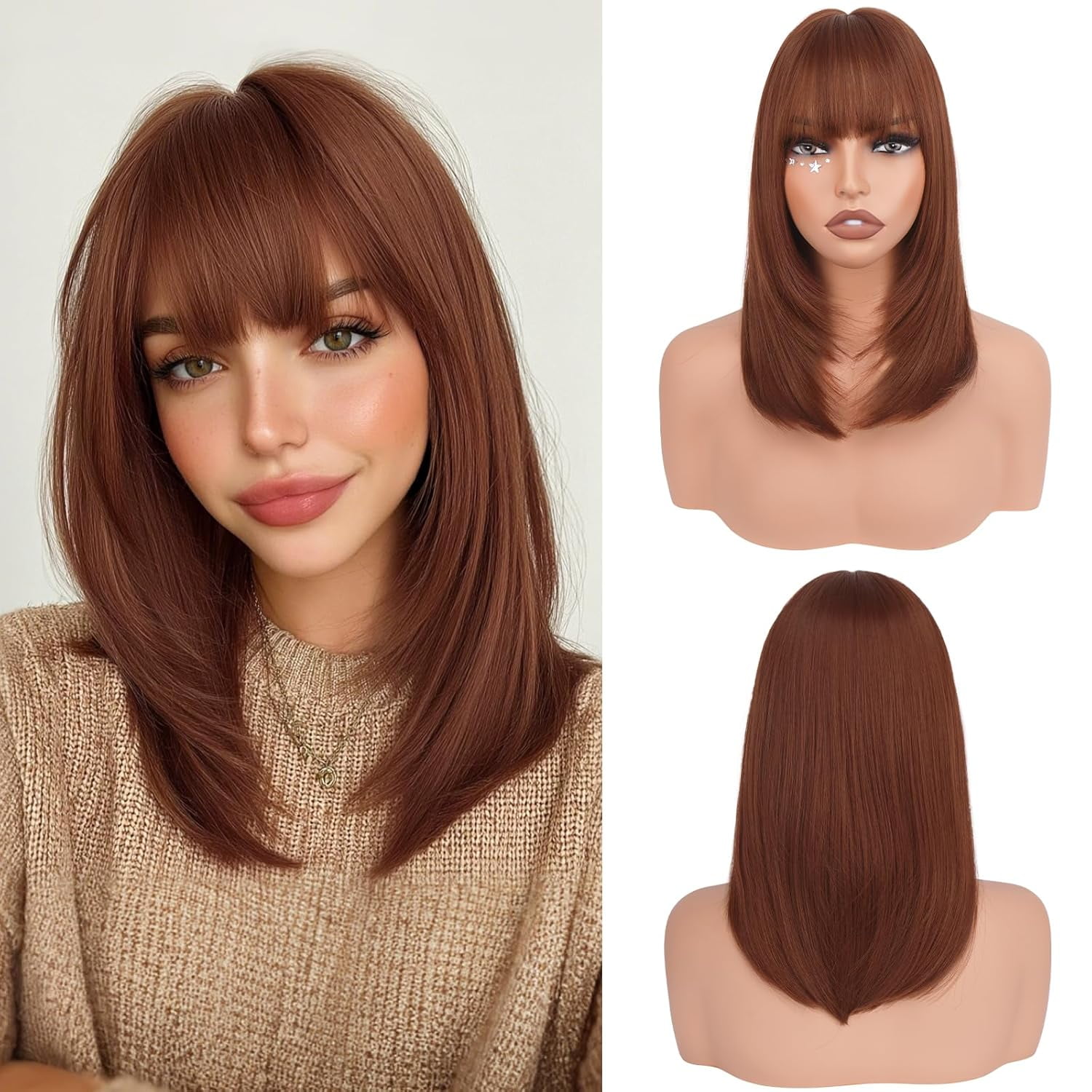 SUCS Blonde Bob Wigs with Bangs Shoulder Length Straight Natural Looking Synthetic Heat Resistant Medium Hair Wigs for Women Daily Party, 16 Inch Dirty Blonde